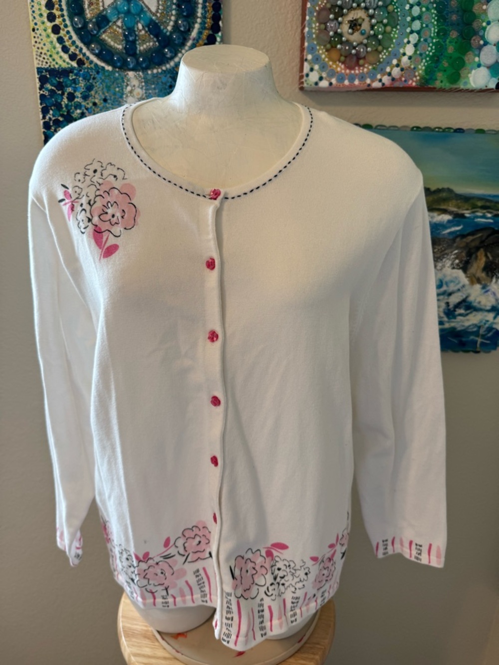 Pendleton White Cardigan with Pink Floral Accents